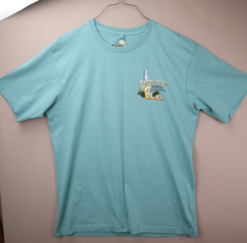 Newport Blue T-shirt Mens Size L Large Happy Hour Starts Every 60 Minutes Print